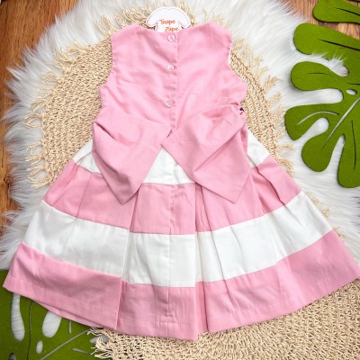 Vestido Tricoline Rosa e Off White com Laços